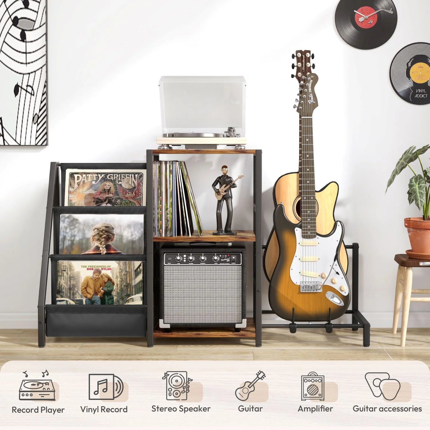 3-Tier Record Player Stand with Guitar Stand for Acoustic, Electric Guitar, Bass, Vinyl Record Storage up to 200 Albums