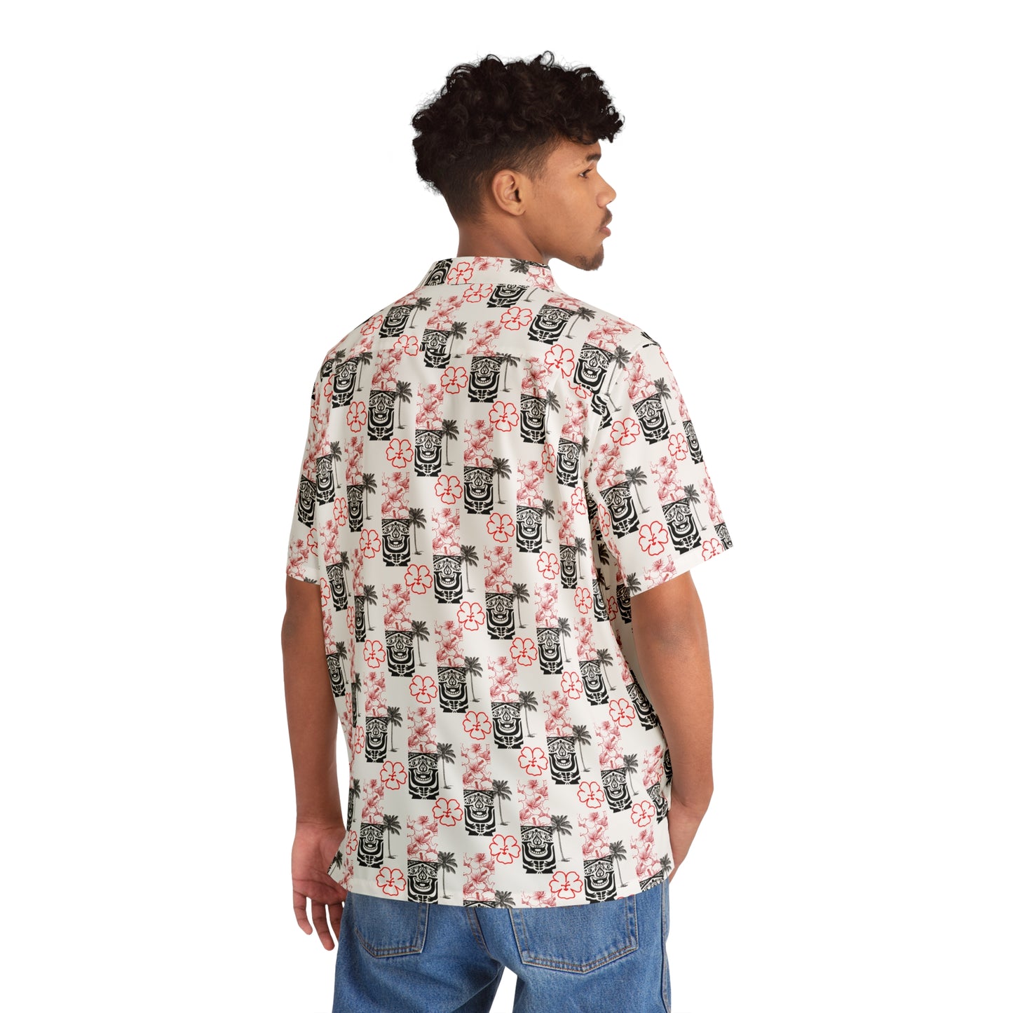 Tropical Men's Hawaiian Shirt with Floral and Tiki Print