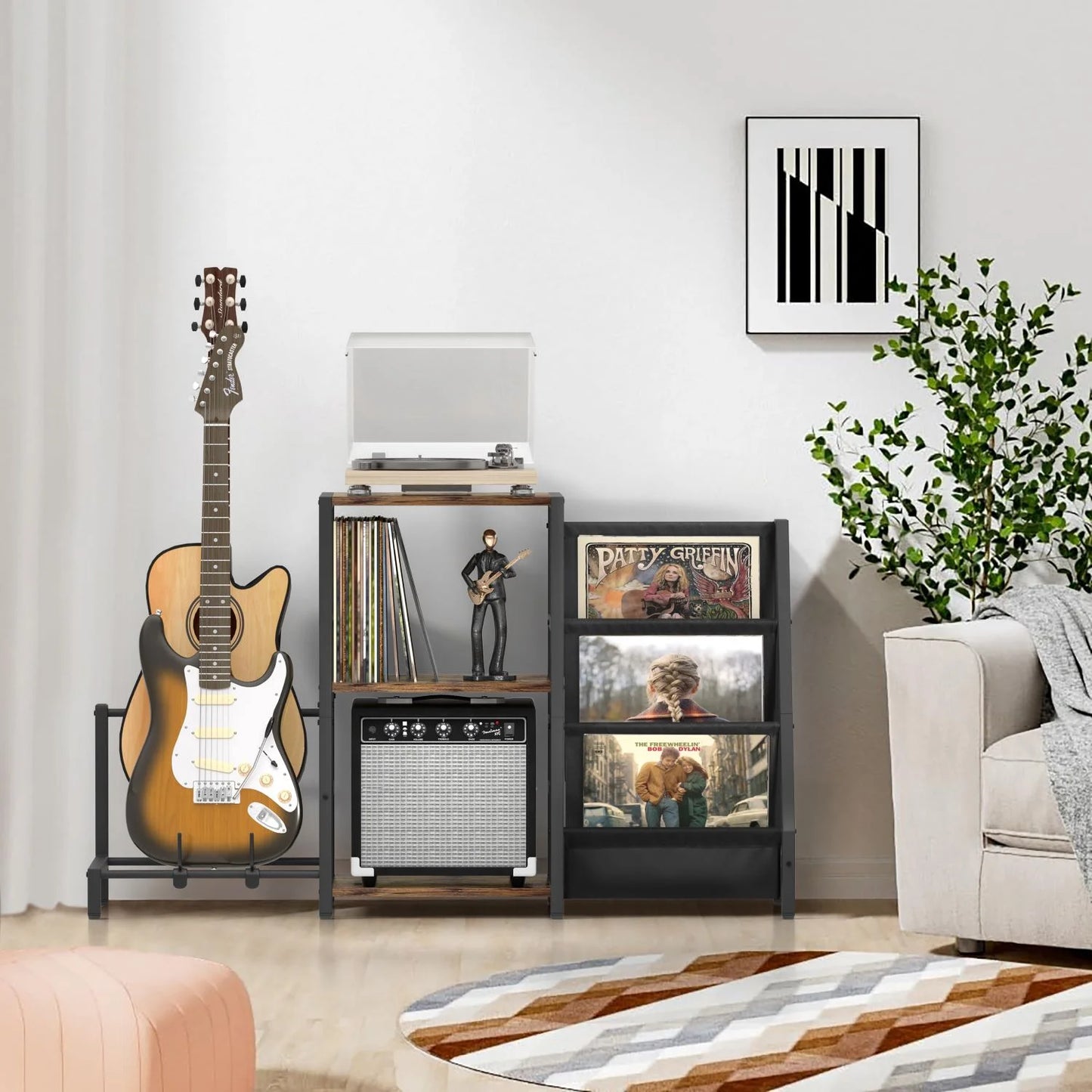 3-Tier Record Player Stand with Guitar Stand for Acoustic, Electric Guitar, Bass, Vinyl Record Storage up to 200 Albums