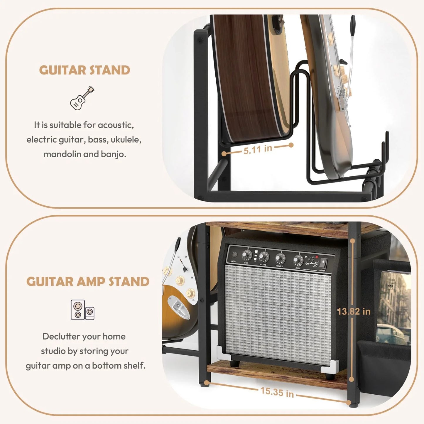 3-Tier Record Player Stand with Guitar Stand for Acoustic, Electric Guitar, Bass, Vinyl Record Storage up to 200 Albums