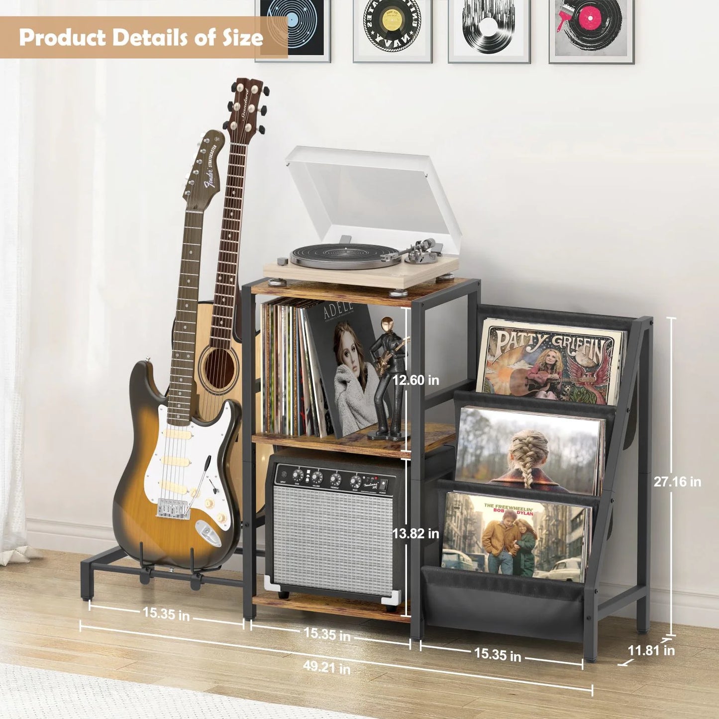 3-Tier Record Player Stand with Guitar Stand for Acoustic, Electric Guitar, Bass, Vinyl Record Storage up to 200 Albums