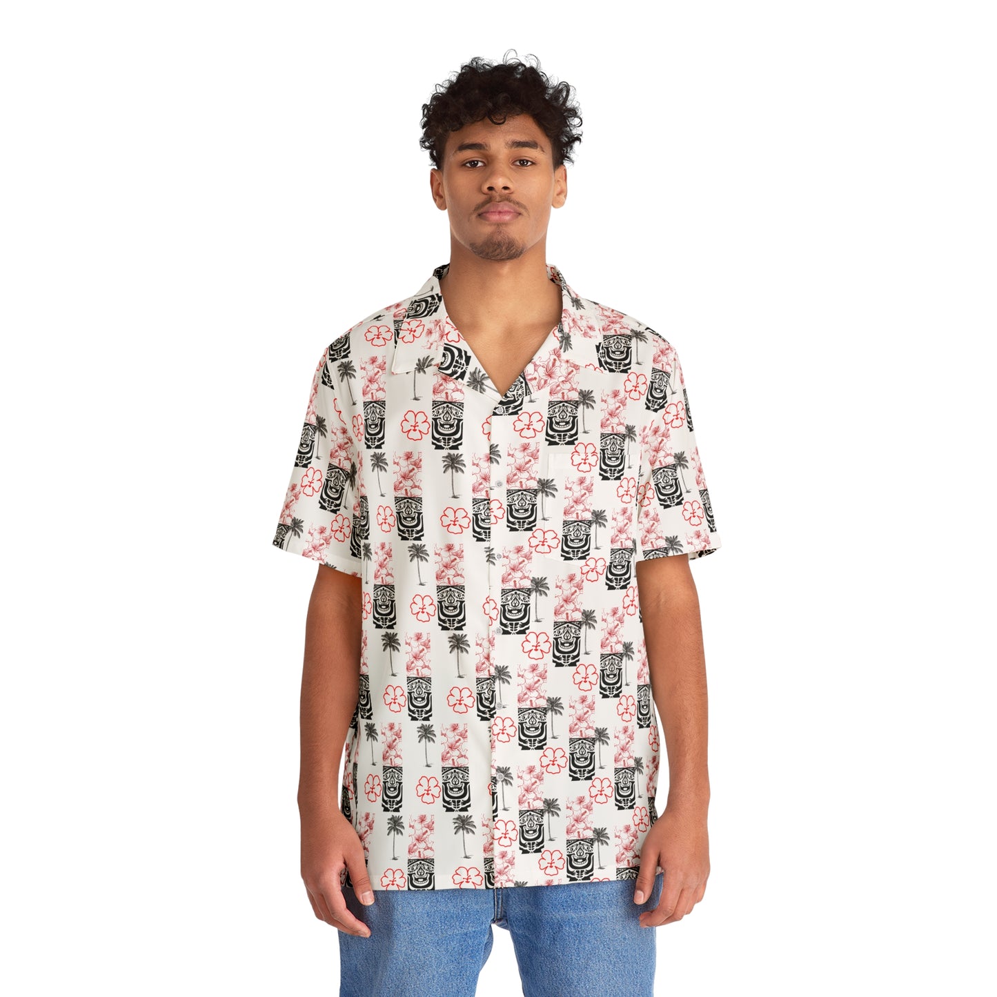 Tropical Men's Hawaiian Shirt with Floral and Tiki Print
