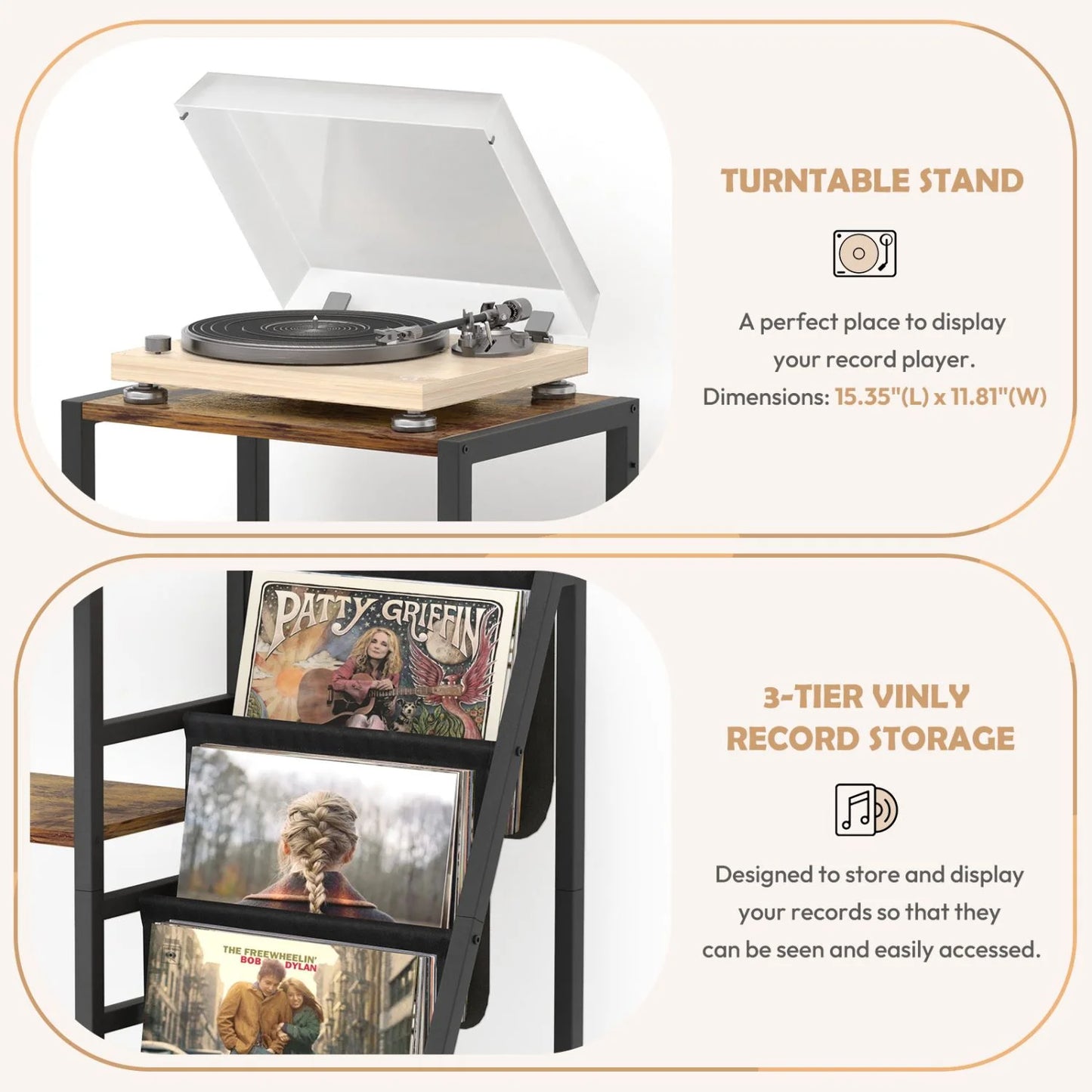 3-Tier Record Player Stand with Guitar Stand for Acoustic, Electric Guitar, Bass, Vinyl Record Storage up to 200 Albums