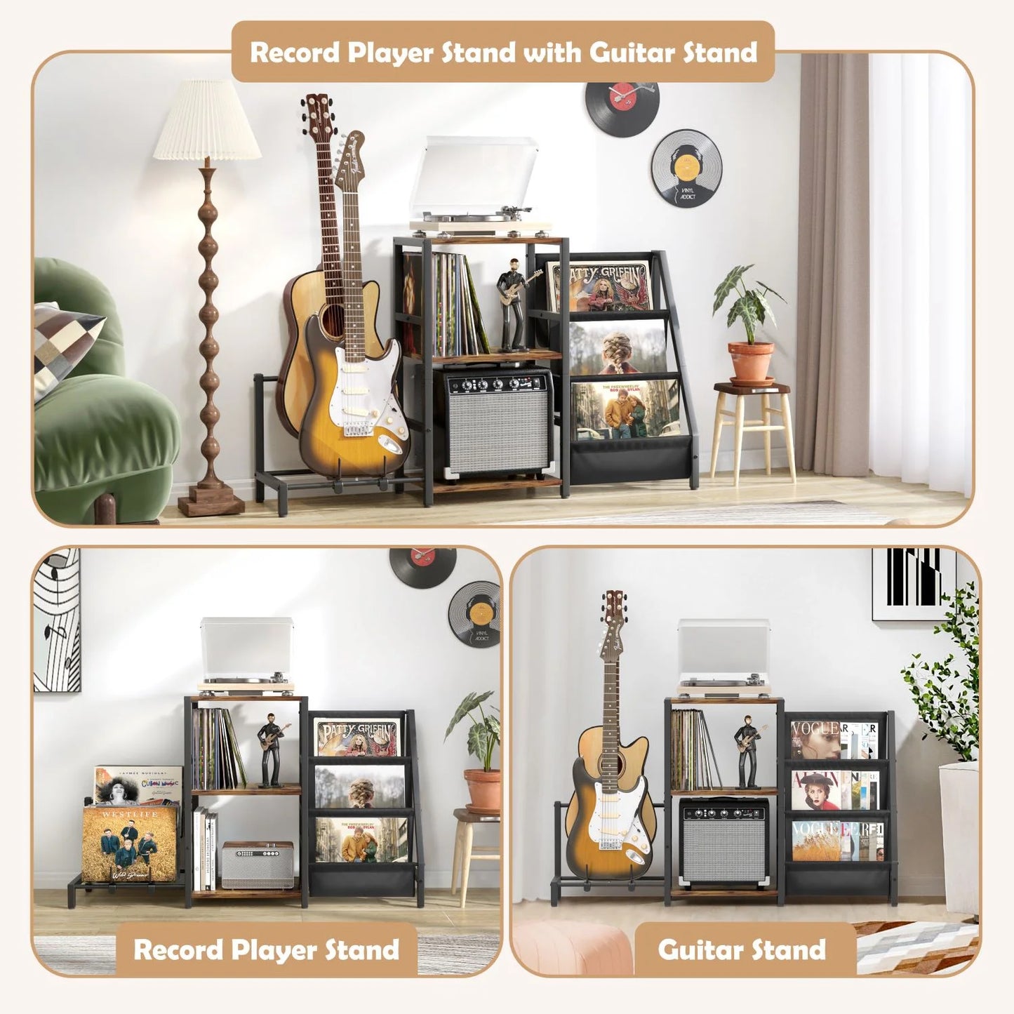 3-Tier Record Player Stand with Guitar Stand for Acoustic, Electric Guitar, Bass, Vinyl Record Storage up to 200 Albums