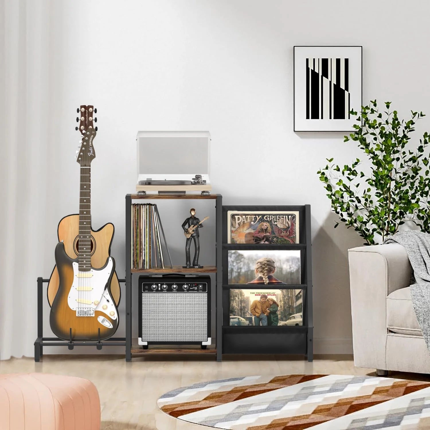 3-Tier Record Player Stand with Guitar Stand for Acoustic, Electric Guitar, Bass, Vinyl Record Storage up to 200 Albums