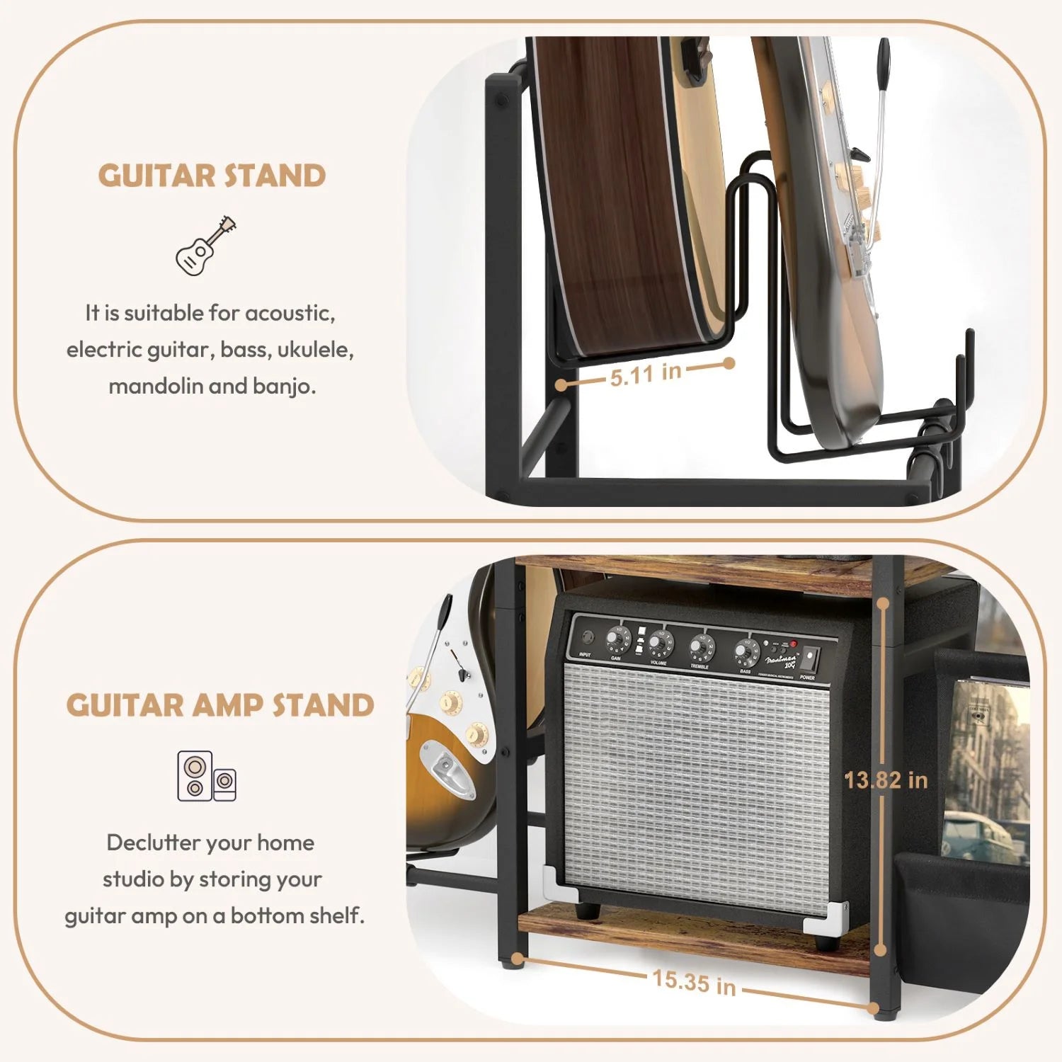 3-Tier Record Player Stand with Guitar Stand for Acoustic, Electric Guitar, Bass, Vinyl Record Storage up to 200 Albums