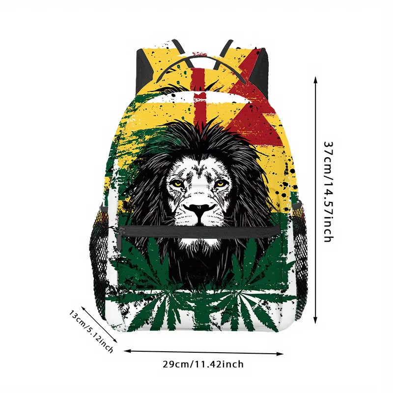 Ganja Rasta Lion Print Backpack Lightweight Microfiber, Adjustable Straps, Zip Closure, Ideal for Hiking, Camping, and Casual