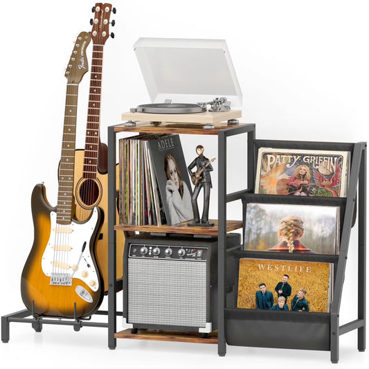 3-Tier Record Player Stand with Guitar Stand for Acoustic, Electric Guitar, Bass, Vinyl Record Storage up to 200 Albums