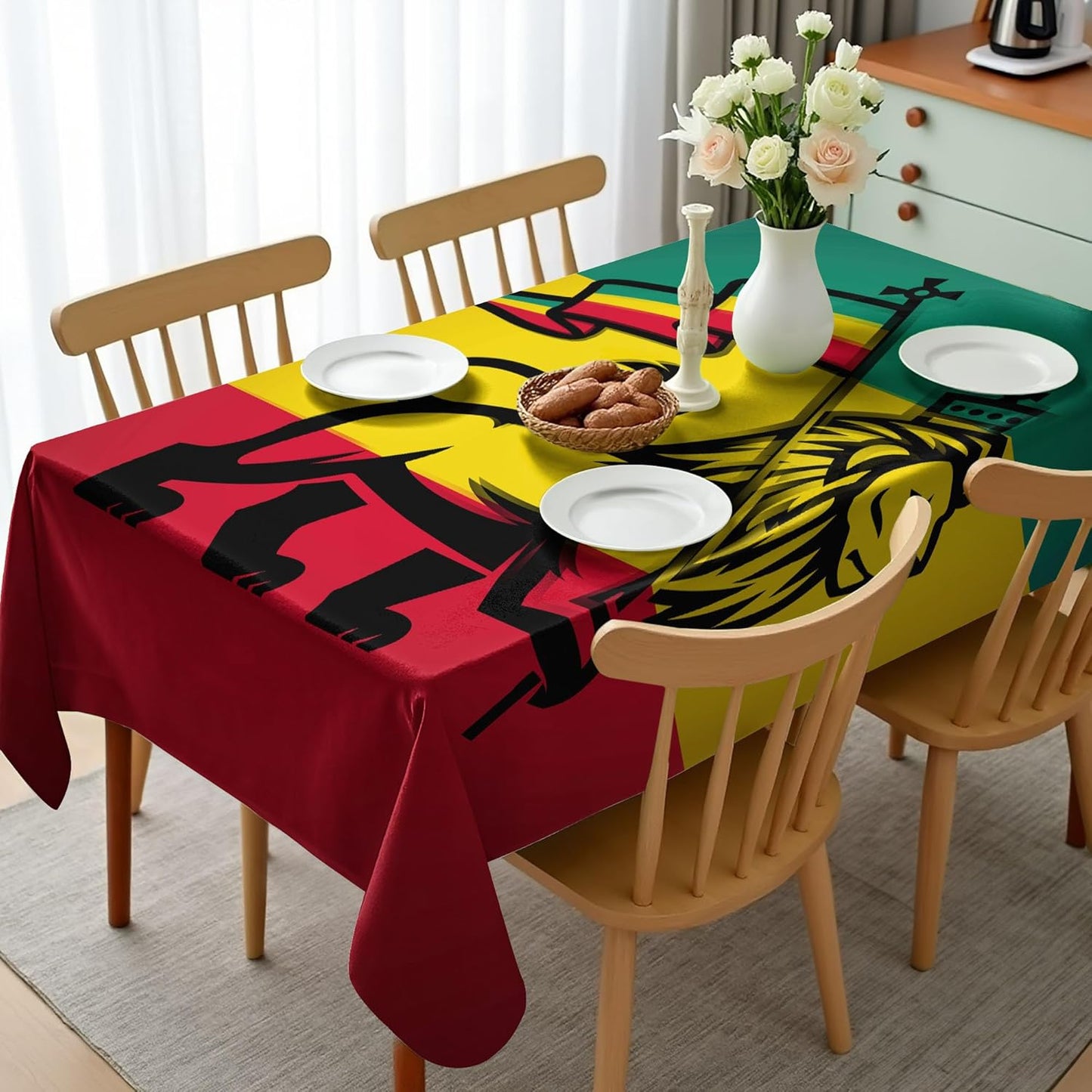 Rasta Tablecloth, Lion a Rastafari Flag Jungle Reggae Theme Art Colorful Cultural Folkloric Print, Rectangular Table Cover for Dining Room Kitchen Decor, 60" X 90", Yellow and Black