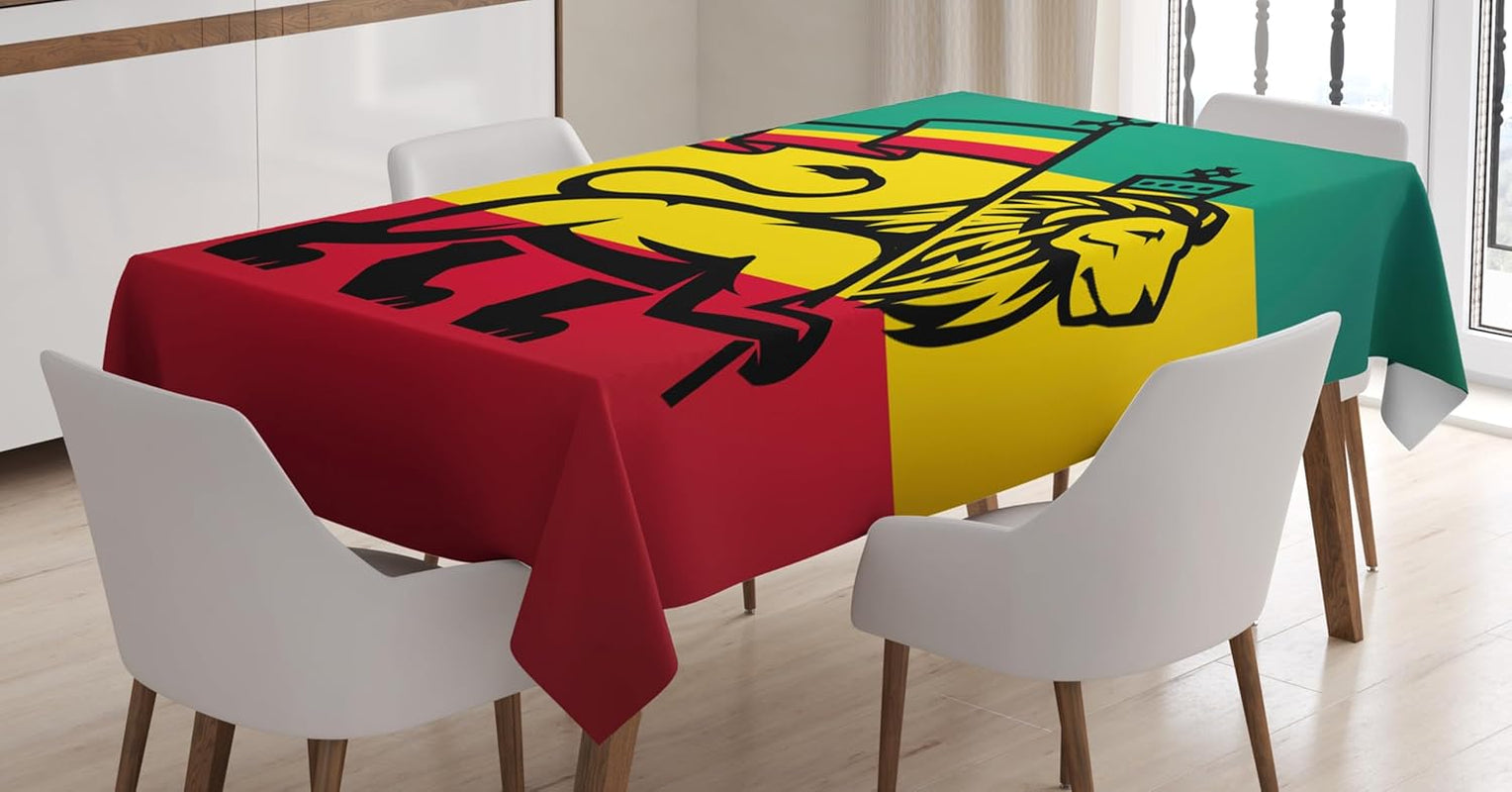 Rasta Tablecloth, Lion a Rastafari Flag Jungle Reggae Theme Art Colorful Cultural Folkloric Print, Rectangular Table Cover for Dining Room Kitchen Decor, 60" X 90", Yellow and Black