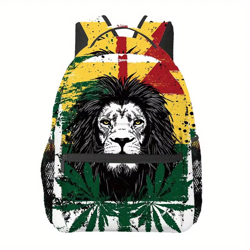 Ganja Rasta Lion Print Backpack Lightweight Microfiber, Adjustable Straps, Zip Closure, Ideal for Hiking, Camping, and Casual