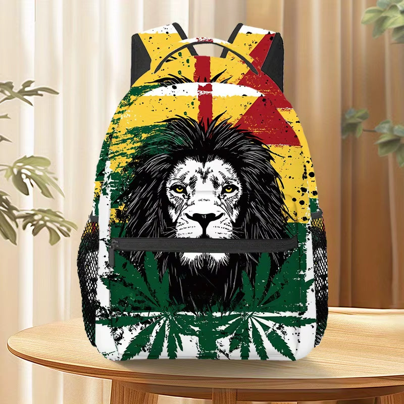Ganja Rasta Lion Print Backpack Lightweight Microfiber, Adjustable Straps, Zip Closure, Ideal for Hiking, Camping, and Casual