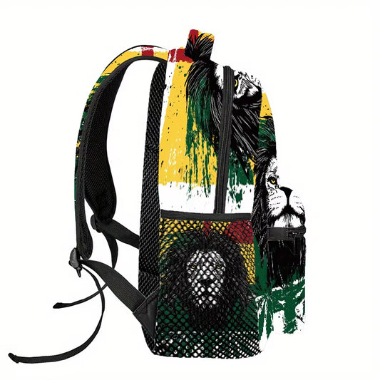 Ganja Rasta Lion Print Backpack Lightweight Microfiber, Adjustable Straps, Zip Closure, Ideal for Hiking, Camping, and Casual
